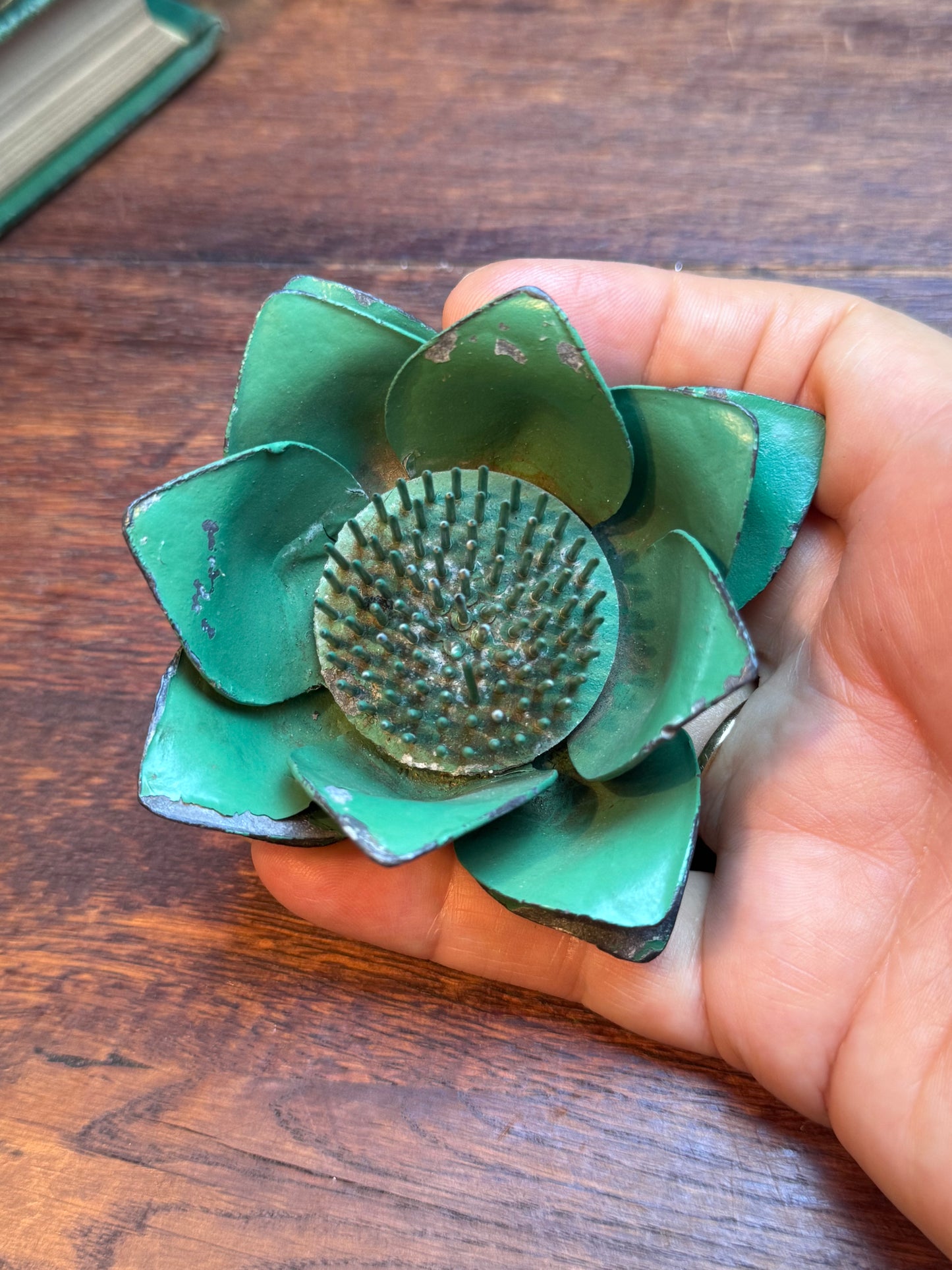 Vintage Green Metal Lotus Flower Frog Floral Arrangement Holder 4”
