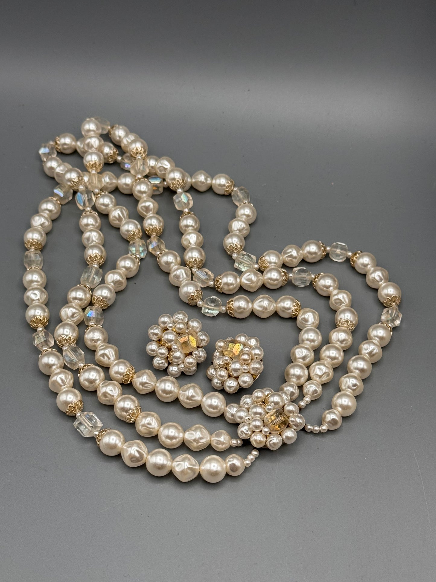 Vintage Triple Strand Faux Pearl Necklace 18” Baroque Clip On Set