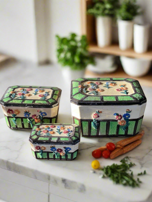 Set Of 3 Vintage Majolica Canisters Floral Design Nesting Set JAPAN