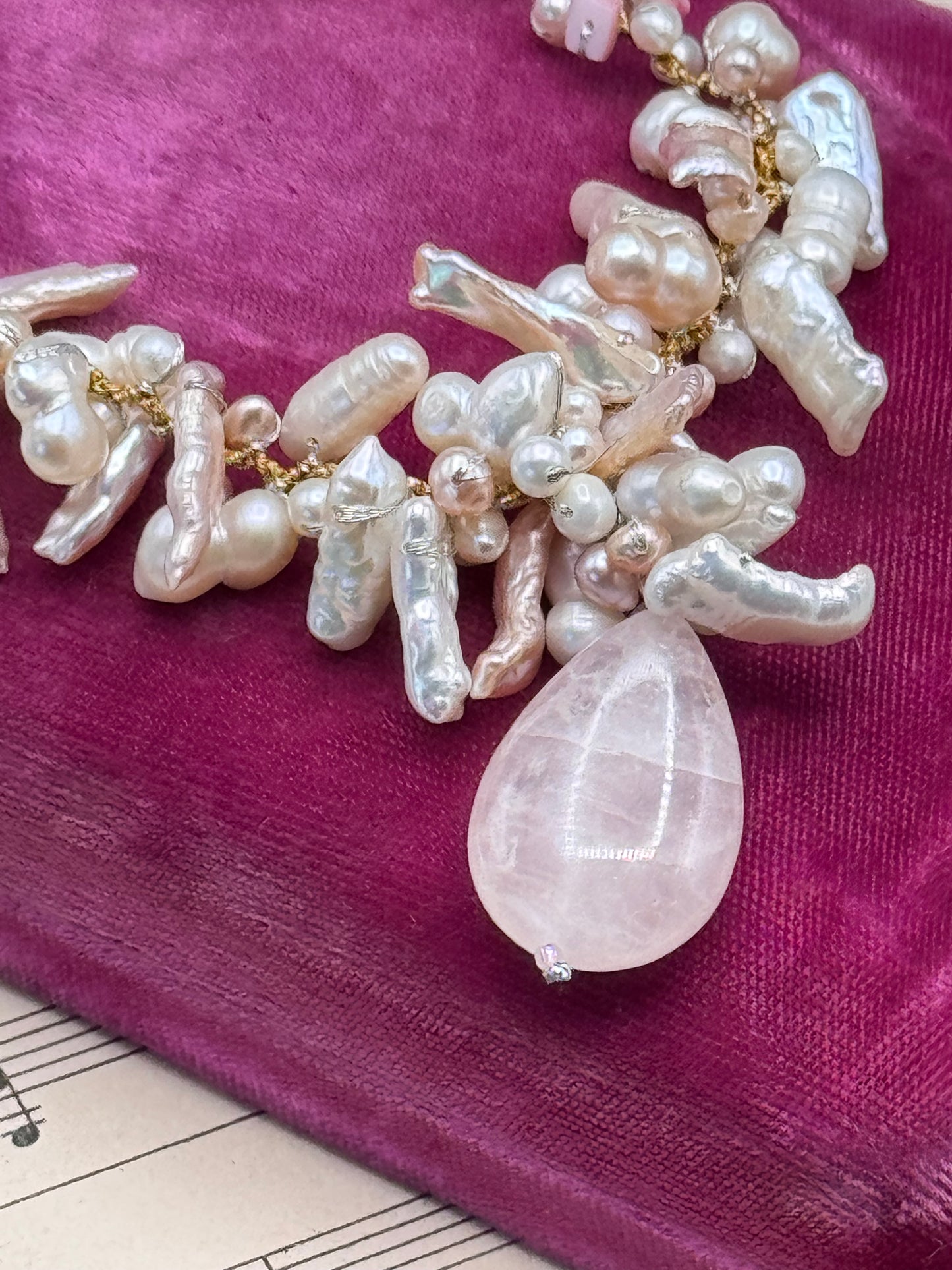 Handmade Pearl Rose Quartz Necklace Hand Knotted Baroque Pearls 16”