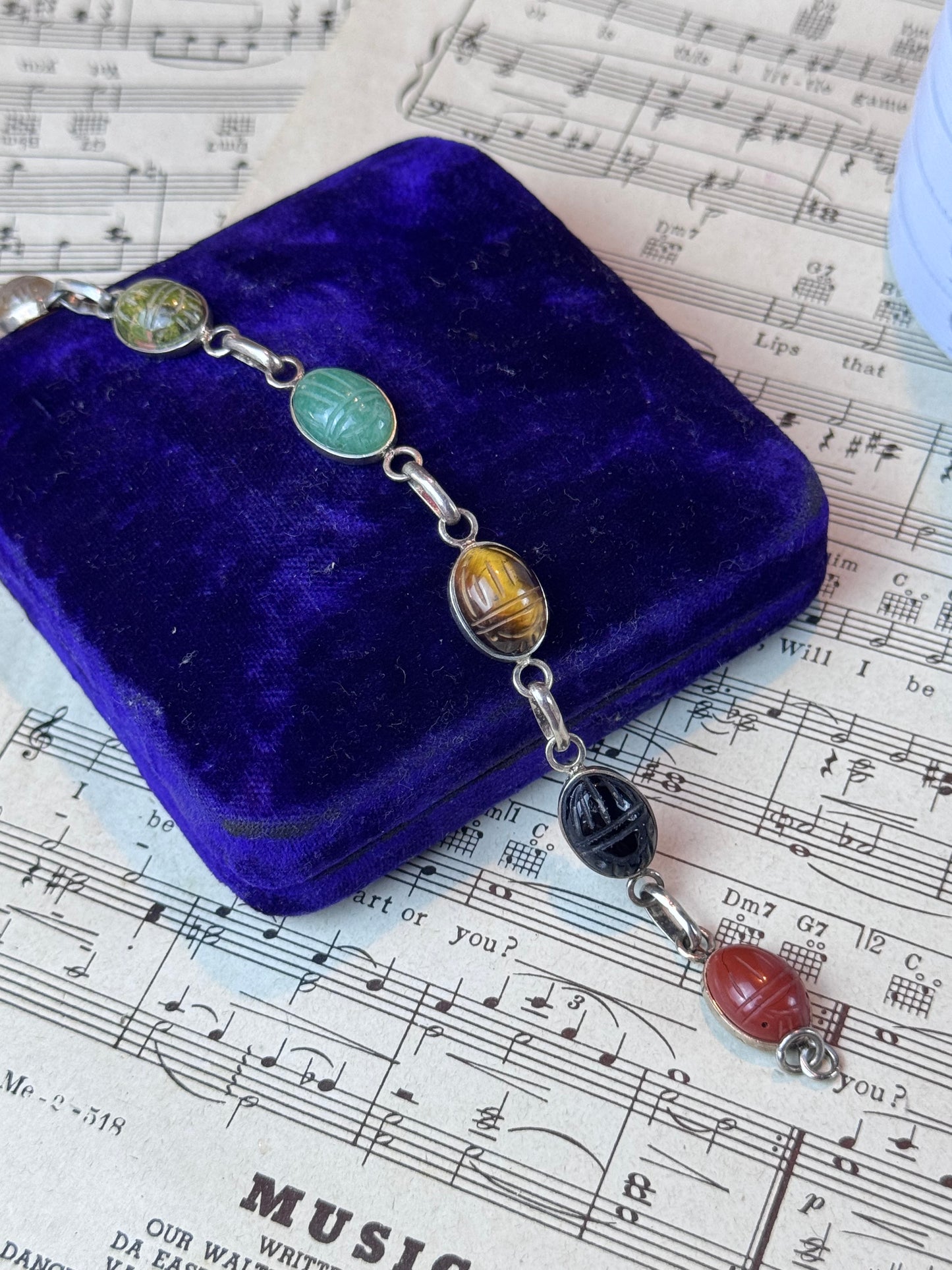 Vintage 925 Sterling Silver Scarab Bracelet Carved Stone 7” Egyptian Revival