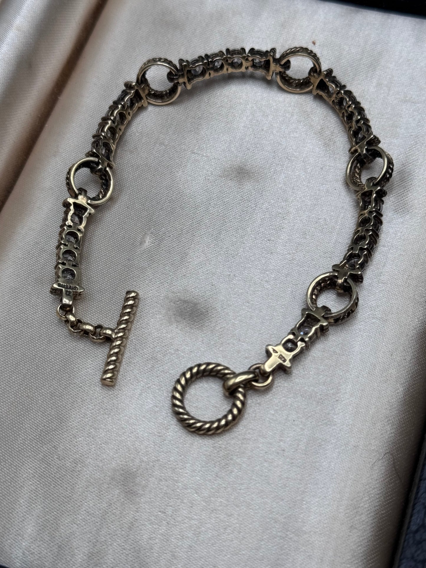 Sterling Silver CZ Toggle Bracelet Gold Plated Thailand Rope Link 7.5” Vintage