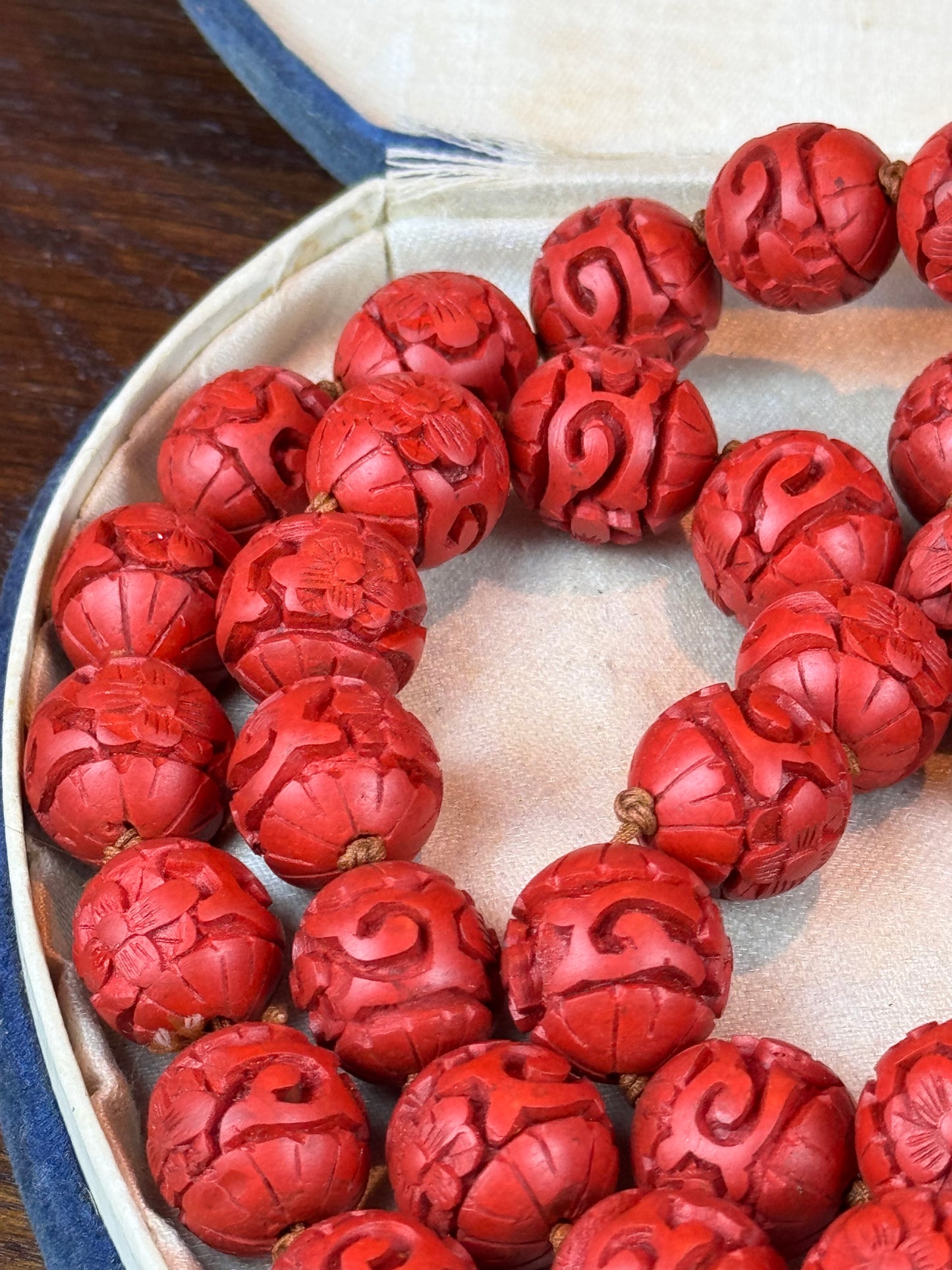 Vintage Cinnabar Necklace Carved Knotted Beads Chinese Style Long 30”