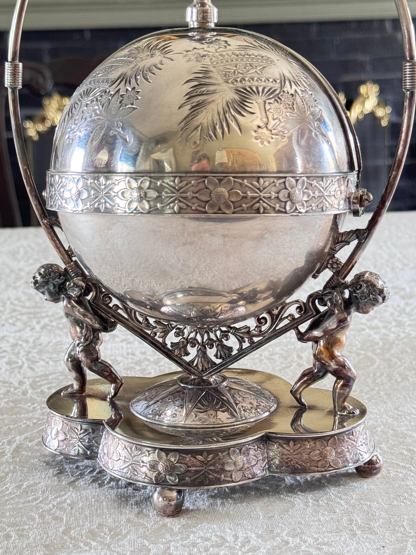 Antique Silverplate Putti Cherub Mechanical Butter Dish Victorian American Gilded Age c. 1880–1900