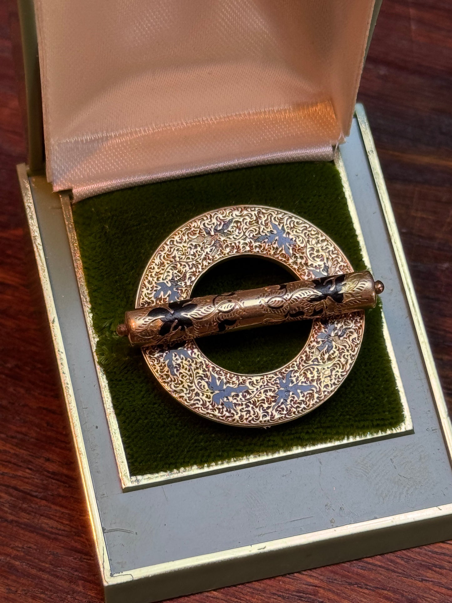 Victorian Sterling Silver 14K Gold Plated Taille d’Épargne Enamel Brooch Pendant