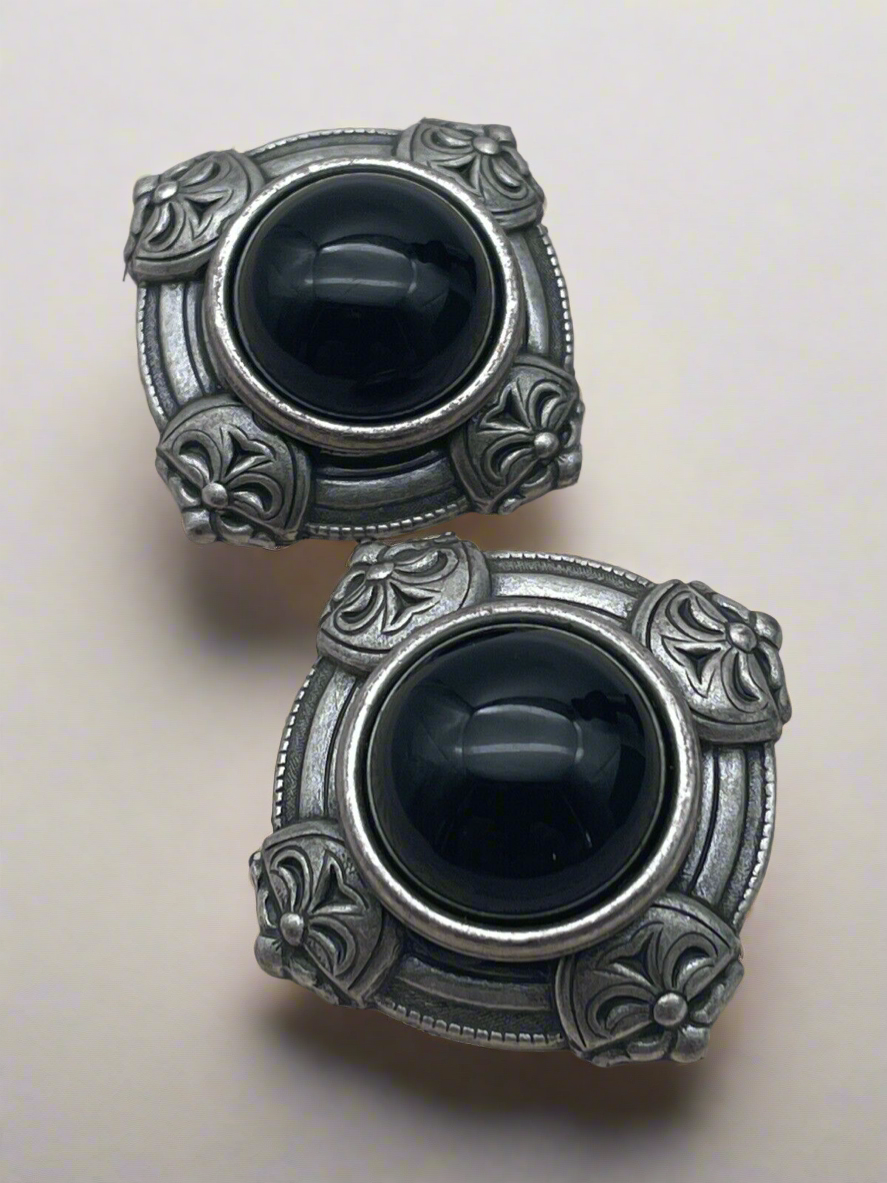 Vintage Earrings Black Stone Oversized Silver Tone Metal Clip-ons