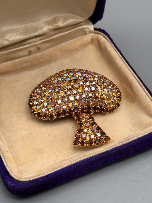 Vintage Rhinestone Mushroom Brooch Goldtone Aurora Borealis 2″