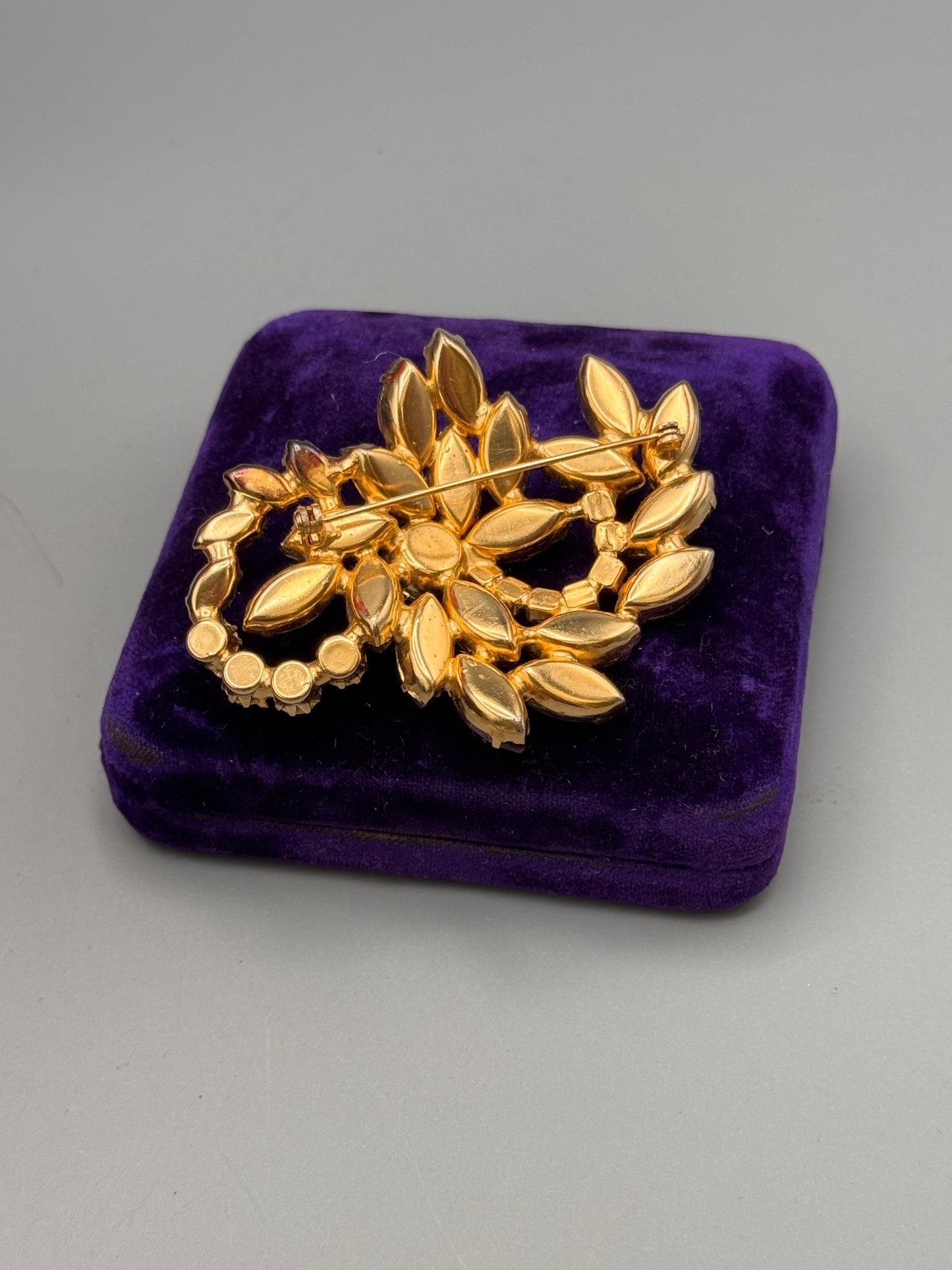 Vintage Rhinestone Brooch AB Navette Amber Glass Pink Crystal Floral 3”
