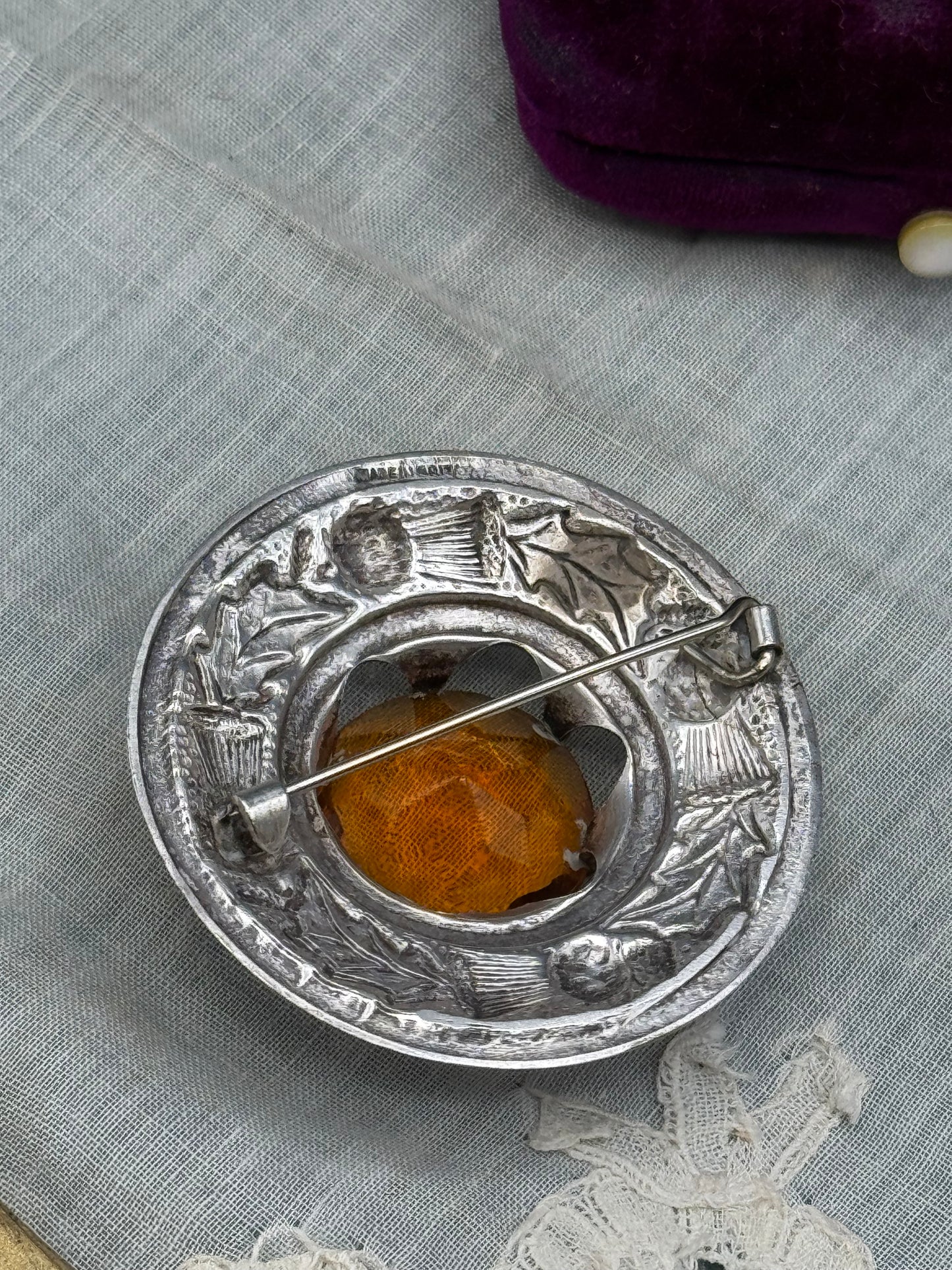 Scottish Thistle Brooch Silver Tested Amber Glass Faceted Stone 1.75” Signed Made Britain