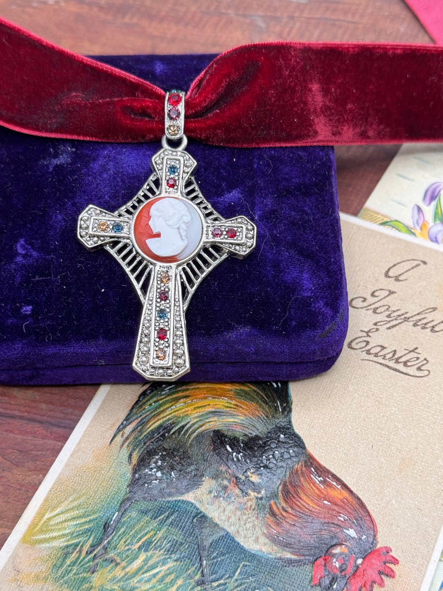 Vintage Cross Pendant Silvertone Cameo Rhinestone 2.25” Heirloom Style