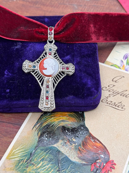 Vintage Cross Pendant Silvertone Cameo Rhinestone 2.25” Heirloom Style