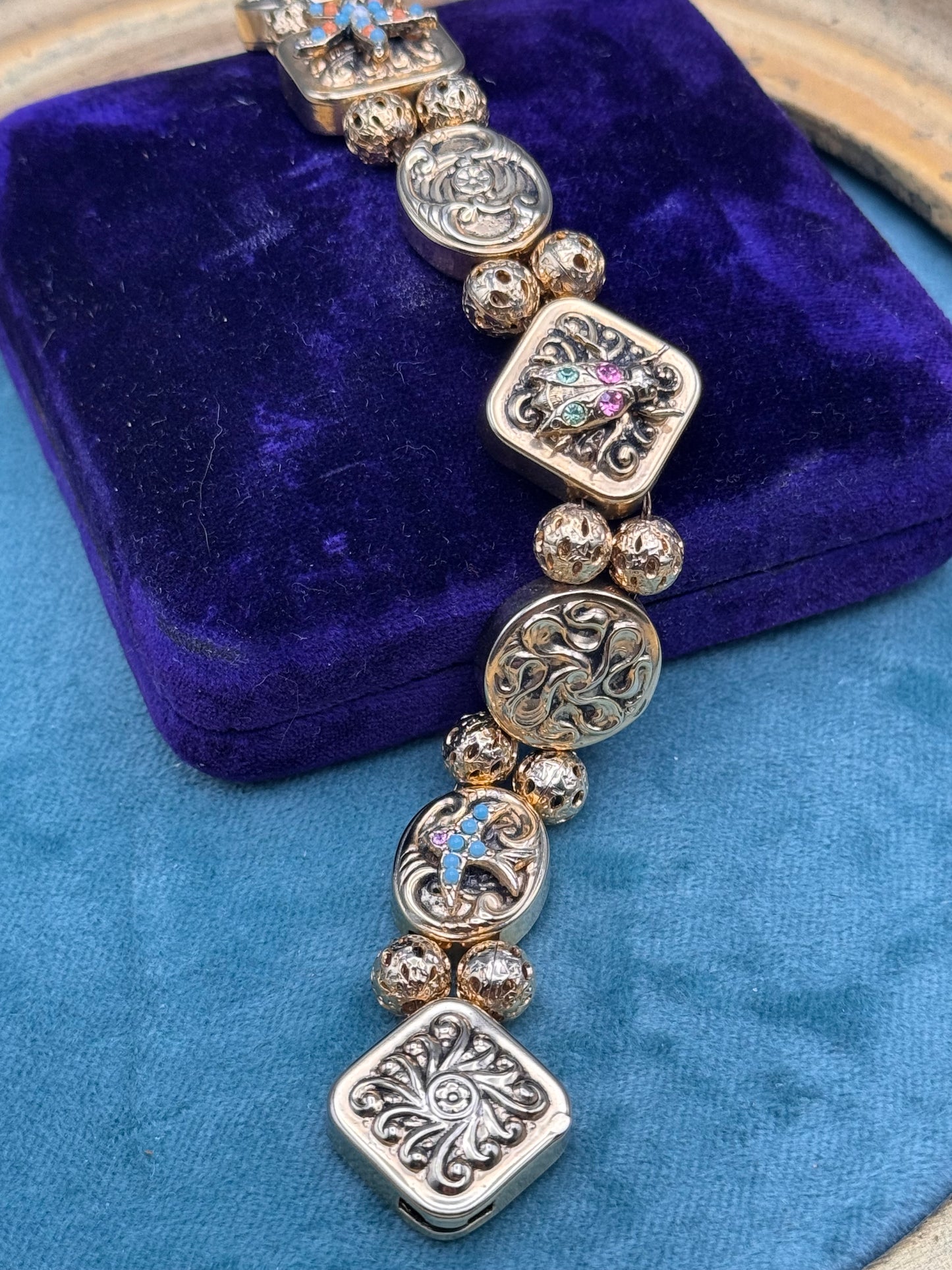 Victorian Revival Goldtone Slide Bracelet 7.5” Ornate Panel