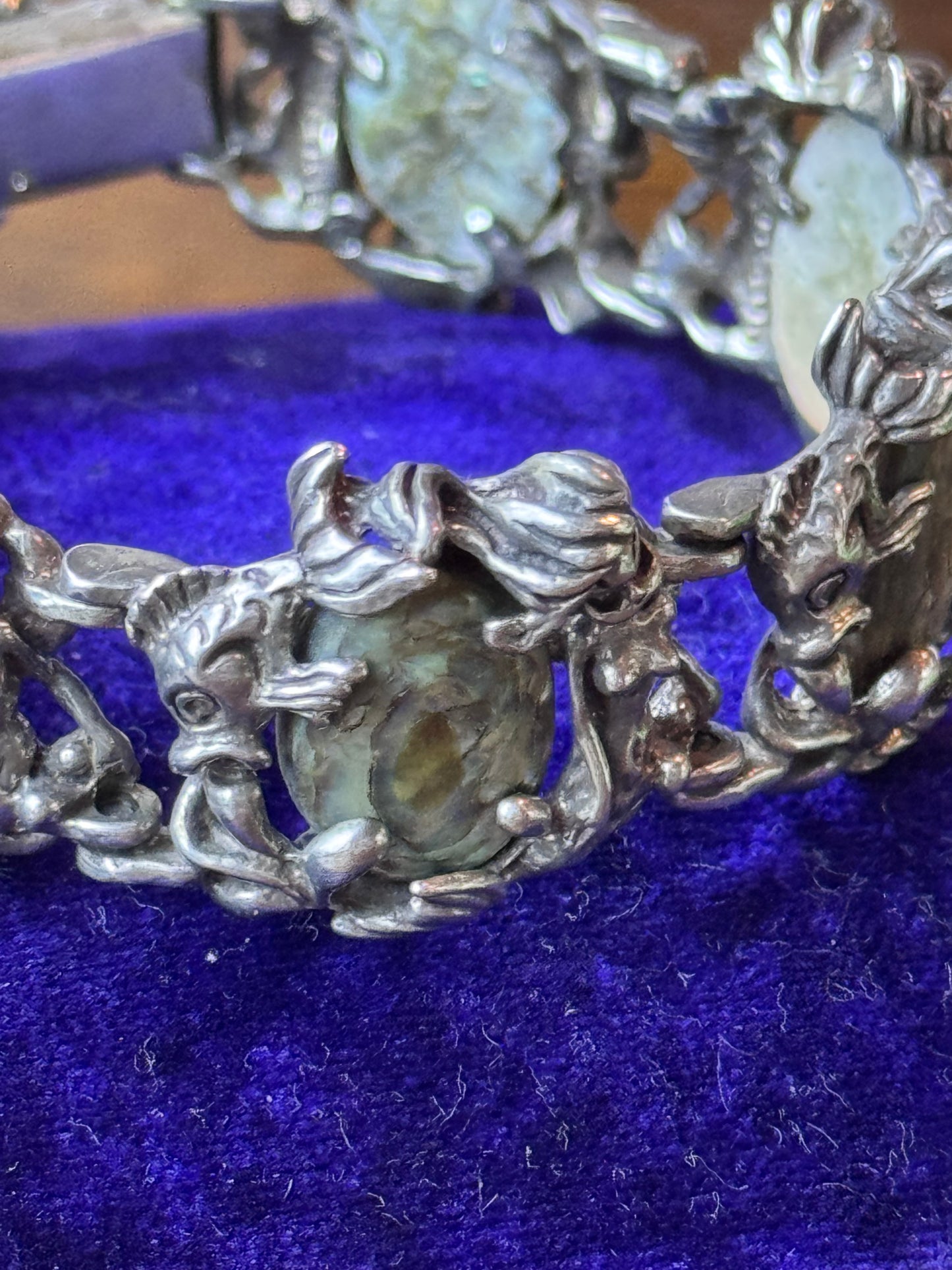 Vintage Sterling Mermaid Abalone Bracelet Fish Clasp 6.5” Art Nouveau Style