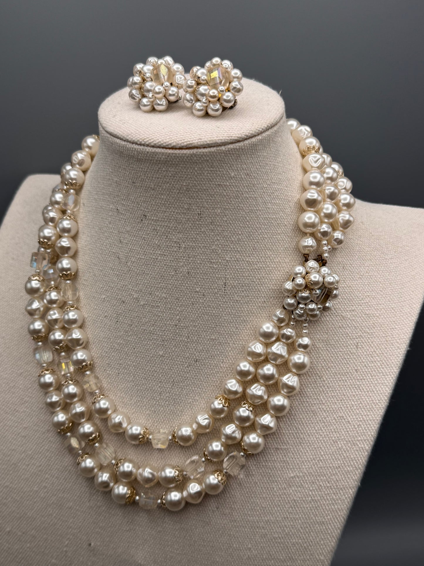 Vintage Triple Strand Faux Pearl Necklace 18” Baroque Clip On Set
