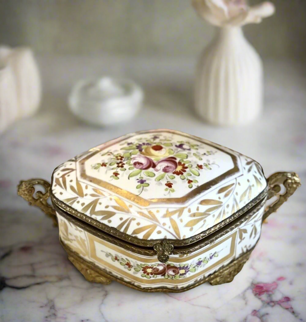 French Ormolu Jewelry Case LG Rose Gold Decor Porcelain Made In France ANTIQUE