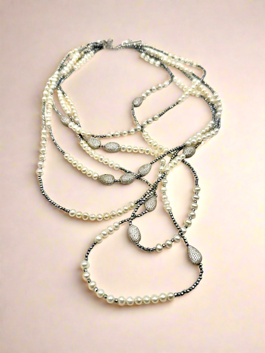 5 Strand Pearl 925 Sterling Silver Necklace 19” Inside SIGNED LUC CN