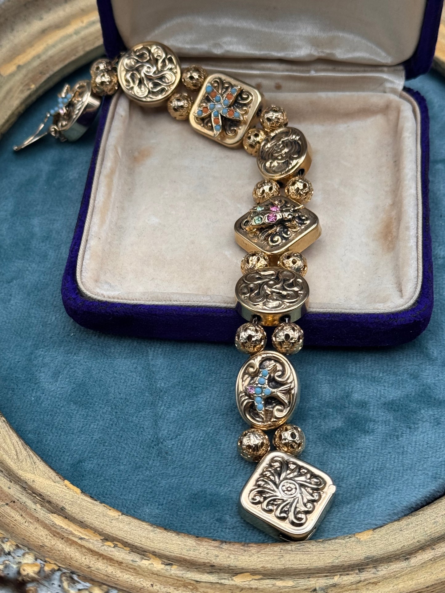 Victorian Revival Goldtone Slide Bracelet 7.5” Ornate Panel