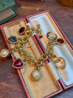 1980s Vintage Charm Bracelet Chunky “Givenchy” Attributed Unsigned Gold Tone Designer Style 6.5” with 7 Charms