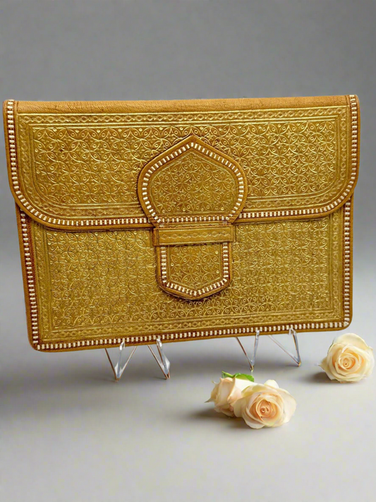 Vintage 70s Calf Leather Tooled Embossed Gold  Envelope Clutch Wallet Bag