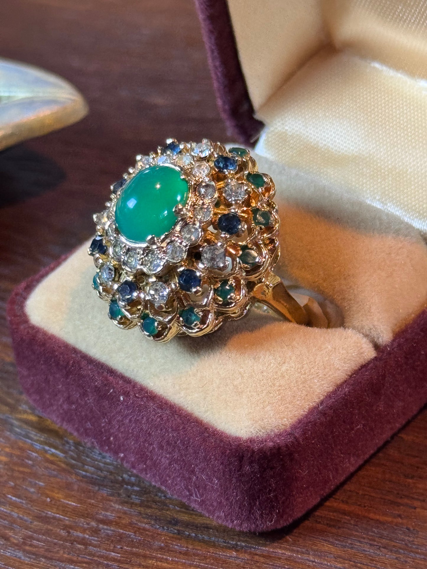 Vintage Sterling Gold Plated Princess Ring Green Jade Tone Cabochon Rhinestones Sz 6.75