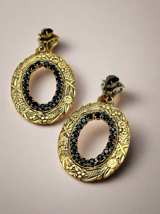 Vintage Pair Of Earrings Gold Tone With Black Rhinestone Dangler Style