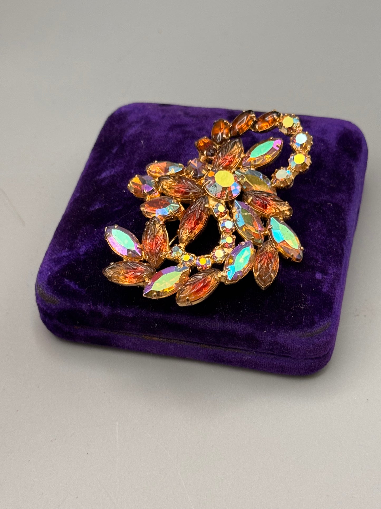 Vintage Rhinestone Brooch AB Navette Amber Glass Pink Crystal Floral 3”