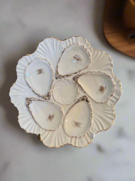 Antique Style 5-Well Oyster Plate with Lemon Well – Grey & Gold Accents – 8.25” Unsigned Porcelain