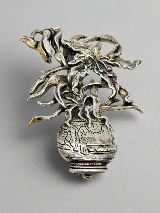 STERLING 925 Museum Of Fine Arts Lilies In Vase Brooch Asian Theme SIGNED MFA