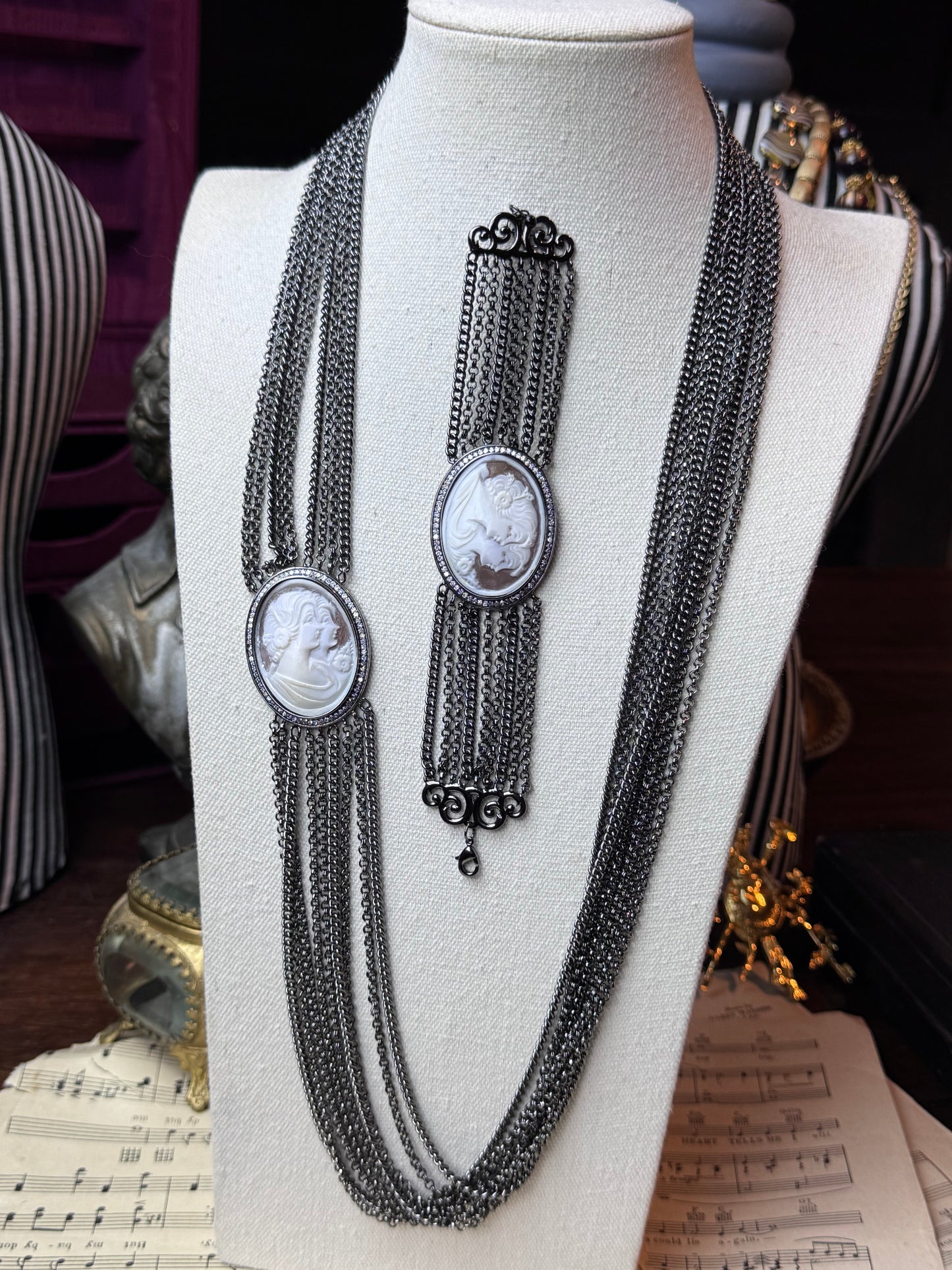 Cameo Necklace 32” & 7.25” Bracelet Gunmetal Multi Strand - Estate Find