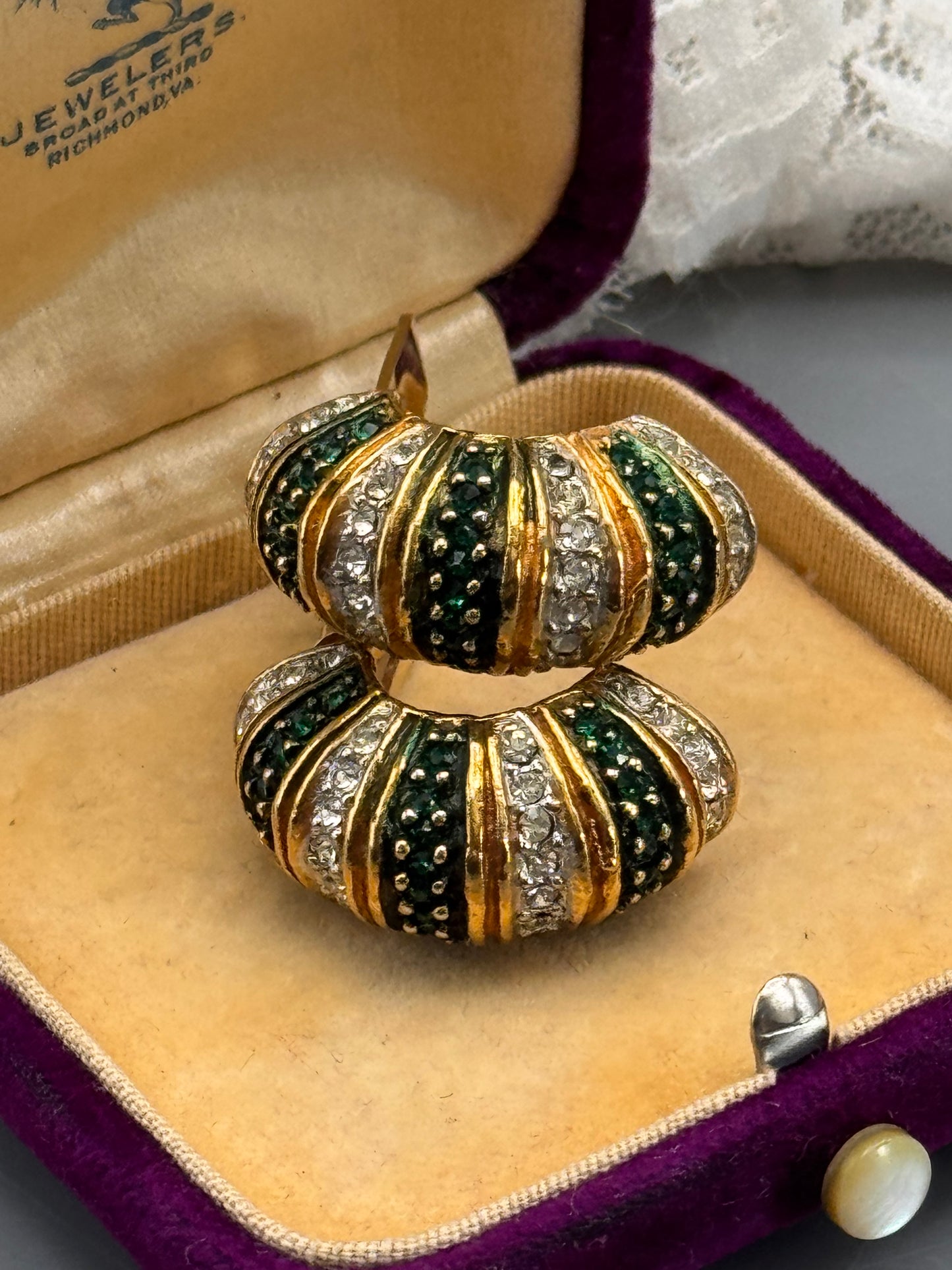 Vintage KJL Signed Kenneth J Lane Clip-On Earrings Emerald Green Clear Rhinestone Goldtone