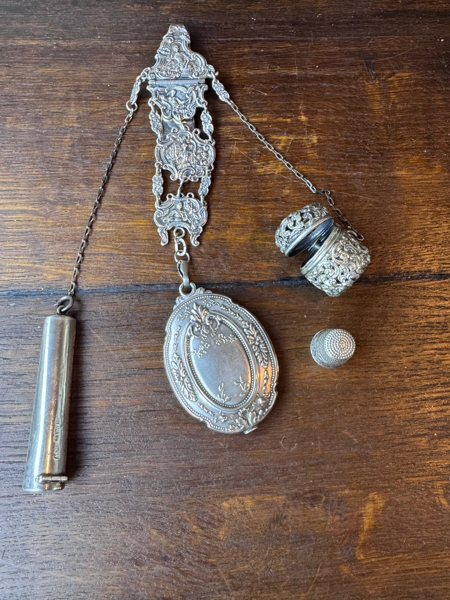 Antique Sterling Silver Chatelaine Mirror Needle Case Thimble 1911 Birmingham 8”