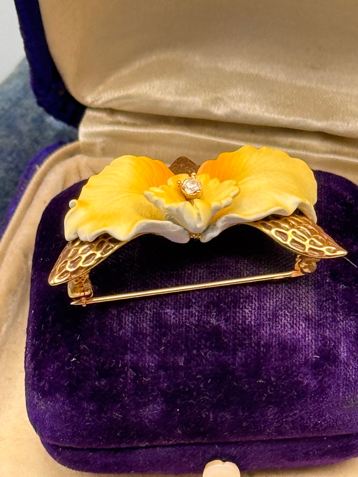 Vintage Joan Rivers Orchid Brooch Yellow Enamel Rhinestone Goldtone Signed 1.75”