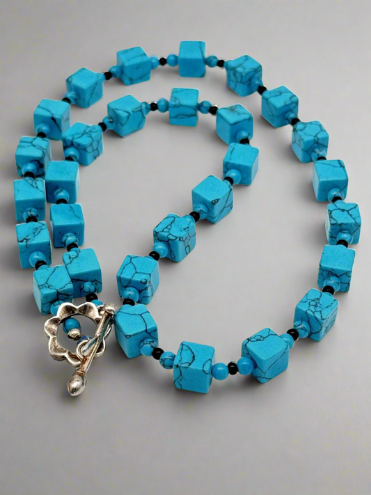 Turquoise Style Cube Beads With Sterling Clasp Necklace ca 21”