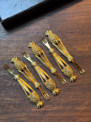 Vintage Canapé Fork Set 24kt Gold Plated Janis Collection 6 Pineapple Design