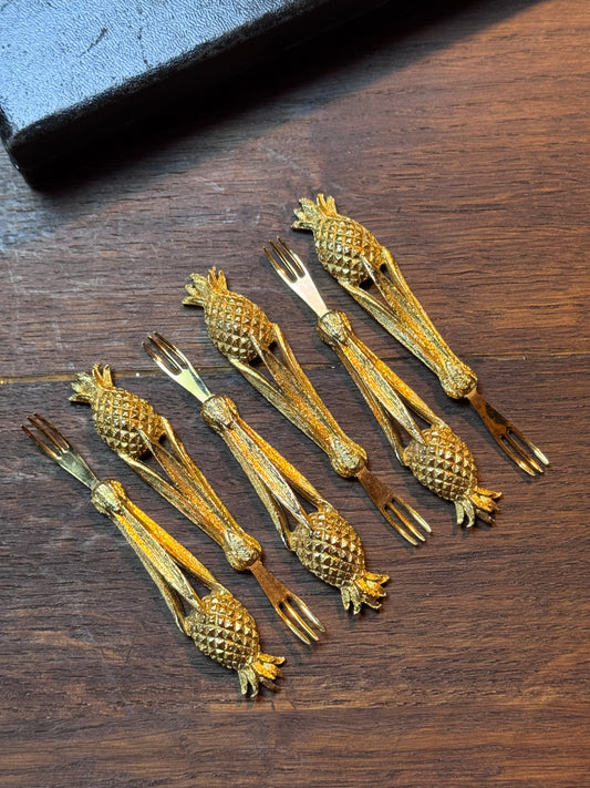Vintage Canapé Fork Set 24kt Gold Plated Janis Collection 6 Pineapple Design