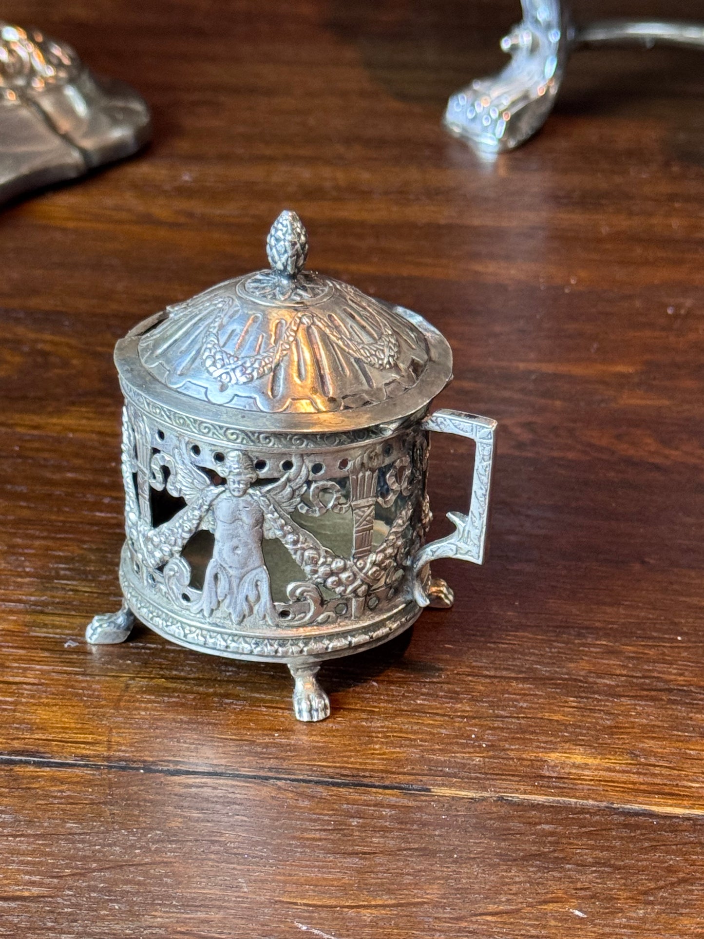 Antique Silverplate Mustard Pot Holder Case No Glass Insert Figural Footed 3”