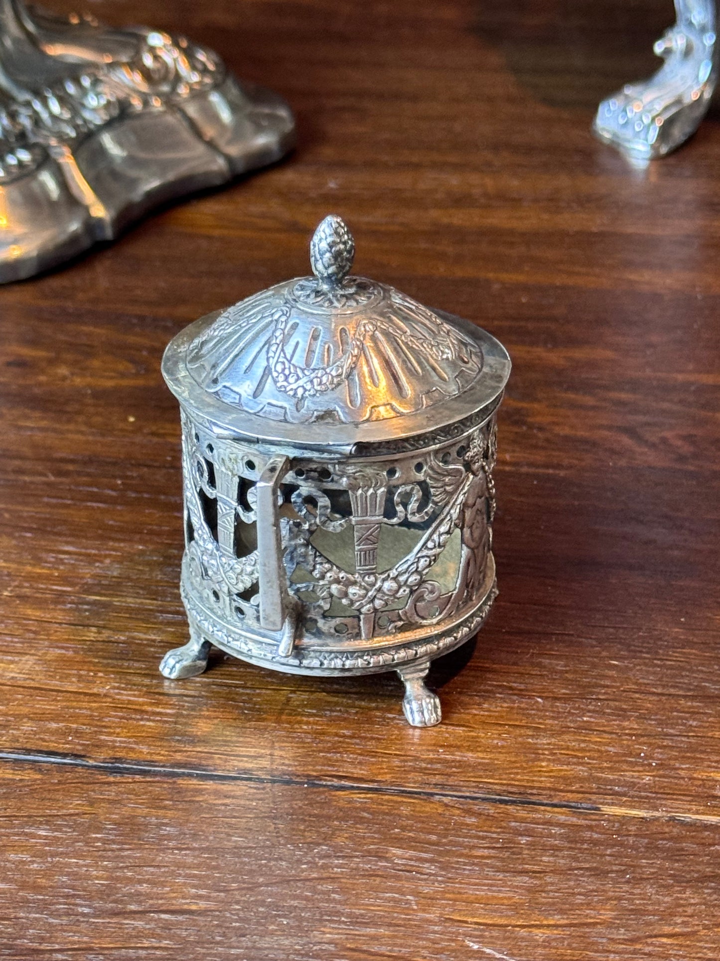 Antique Silverplate Mustard Pot Holder Case No Glass Insert Figural Footed 3”