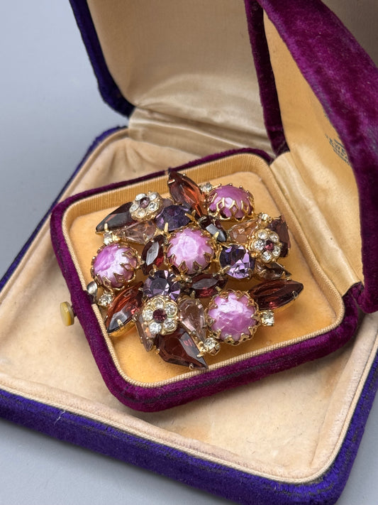 Vintage Pink Art Glass Rhinestone Brooch Purple Red Cluster Pin Goldtone 1.75”