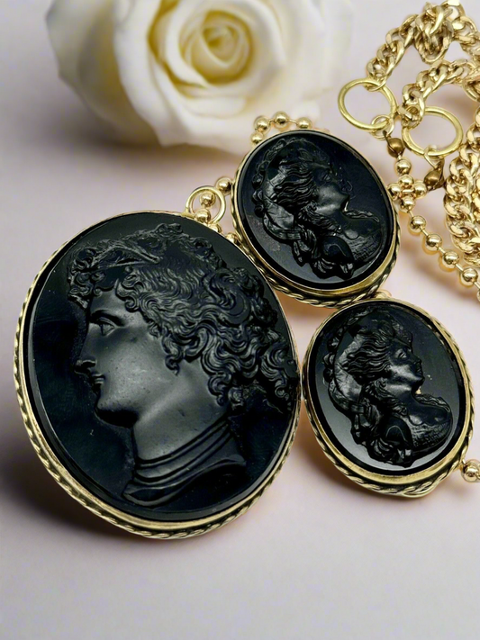 Antique Black Mourning Cameo Set of 3 Belt Buckle with Vintage Goldtone Chain