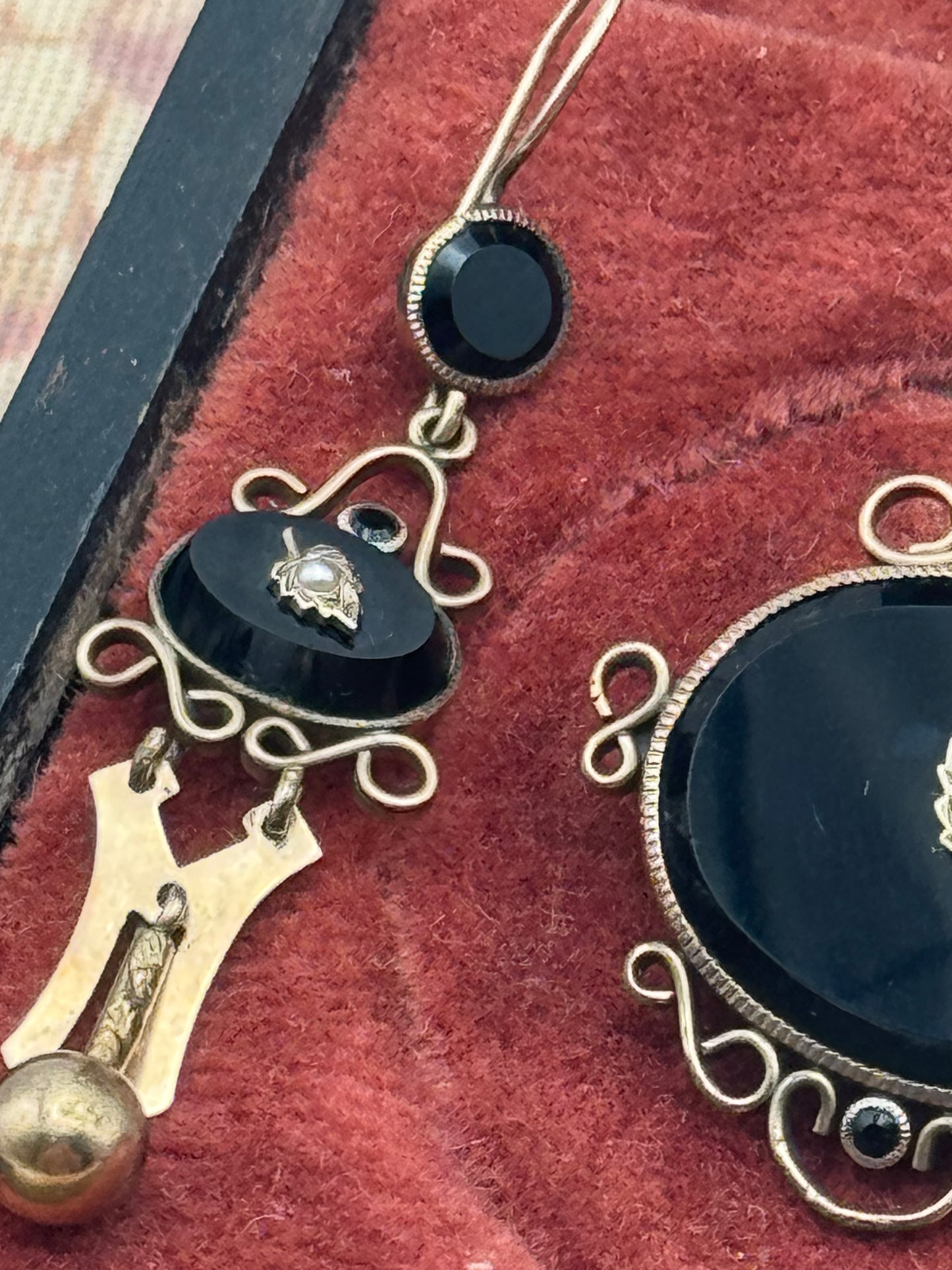 Victorian Gold-Filled Onyx & Seed Pearl Brooch & Earrings Set - Mourning