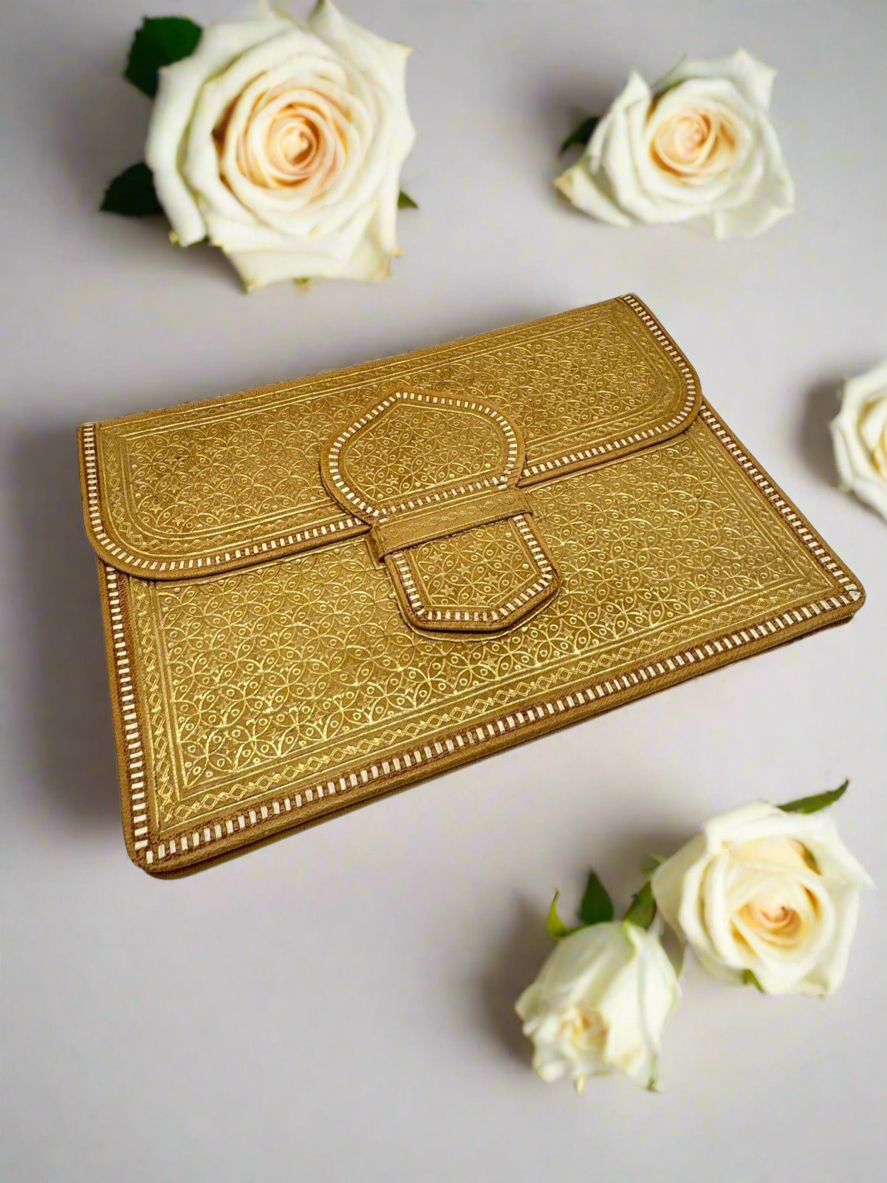 Vintage 70s Calf Leather Tooled Embossed Gold  Envelope Clutch Wallet Bag