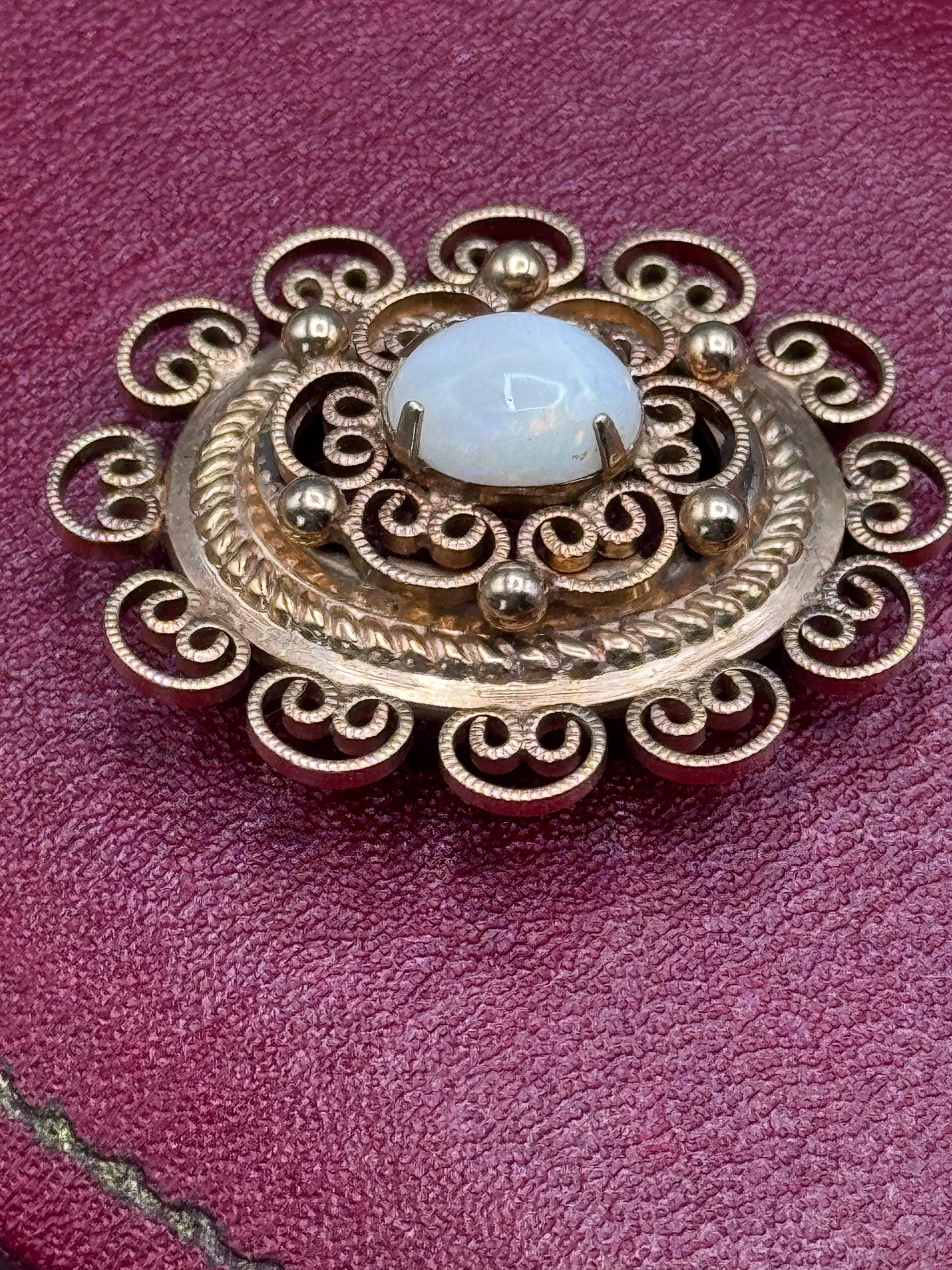 Vintage Winard 12K GF Etruscan Revival Brooch White Cabochon Filigree Pin