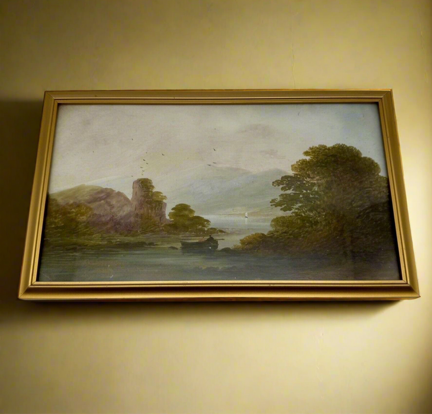 Vintage Small Oil Landscape On Board Framed Behind Glass Circa 12” X 7.5”