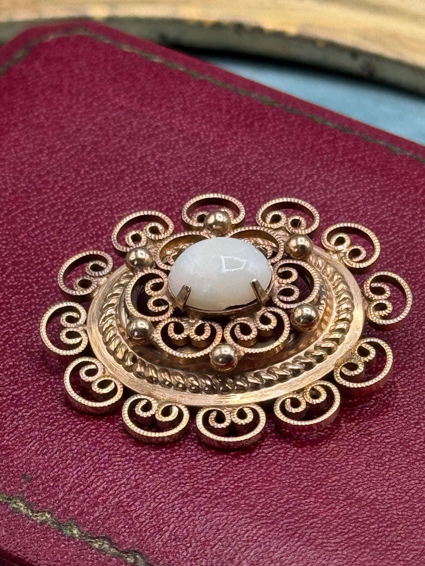 Vintage Winard 12K GF Etruscan Revival Brooch White Cabochon Filigree Pin