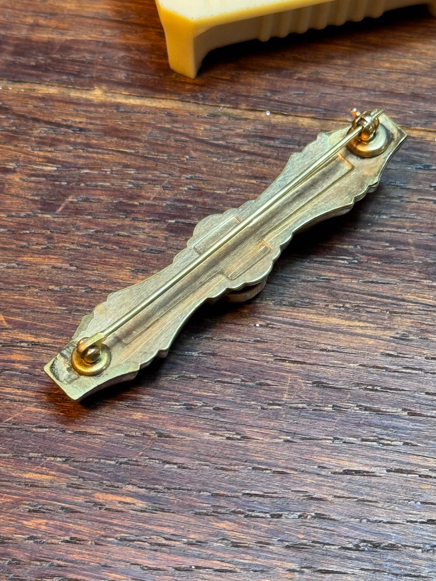 Victorian Gold Filled Bar Pin Ruby Red Paste Stone Engraved Antique Brooch