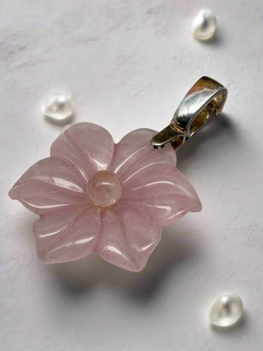 VINTAGE 925 SILVER GSJ CN Rose Quartz  CARVED FLOWER ENHANCER NECKLACE 2"PENDANT