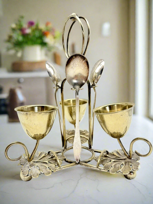 Vintage Silverplate Egg Serving Set Made In England Caddy, Spoons, Egg Cups