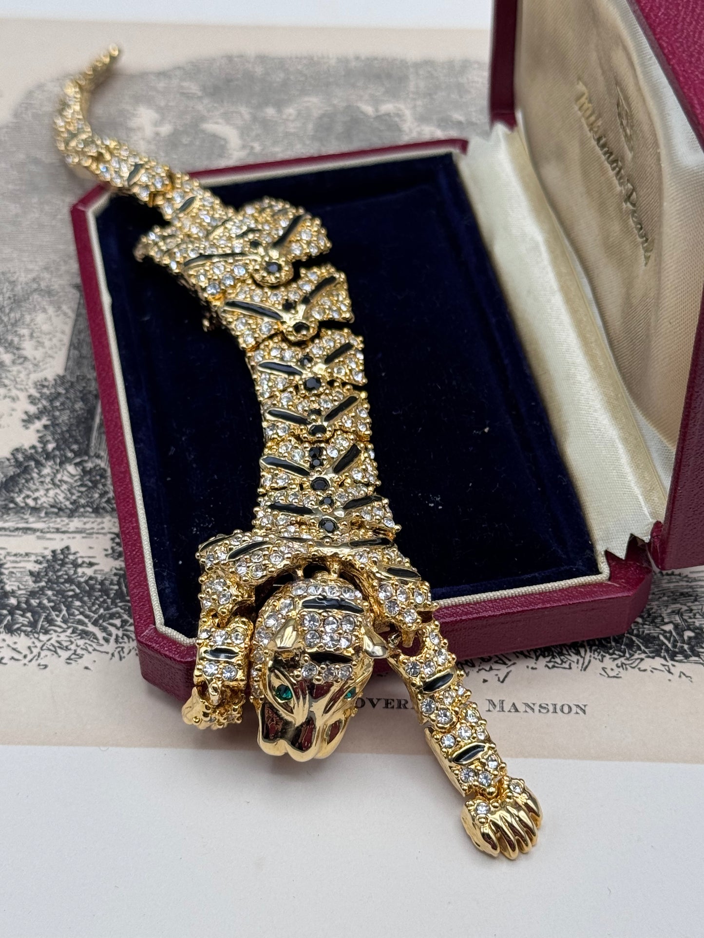 Vintage Articulated Shoulder Brooch Goldtone Tiger Leopard Rhinestone Cat 7.5”