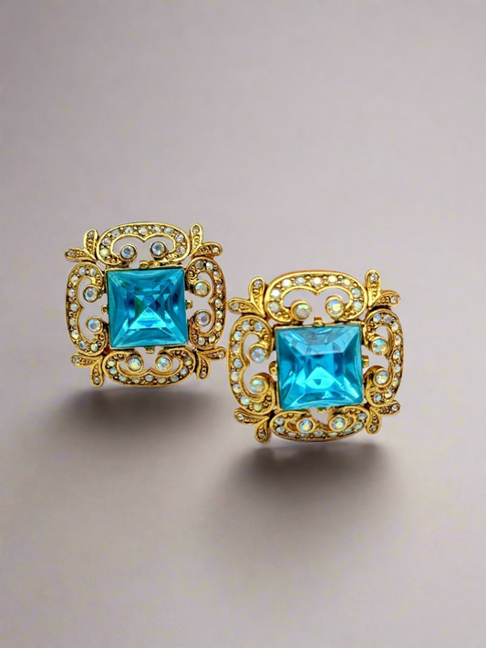 Signed Joan Rivers Blue Aqua & Aurora Crystal Clip Earrings - Vintage New Stock