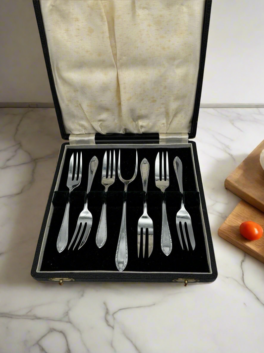 Vintage HORS D’OEUVRES SILVER PLATED NICKEL FORK SET BOXED PARTY SERVING UTENSILS